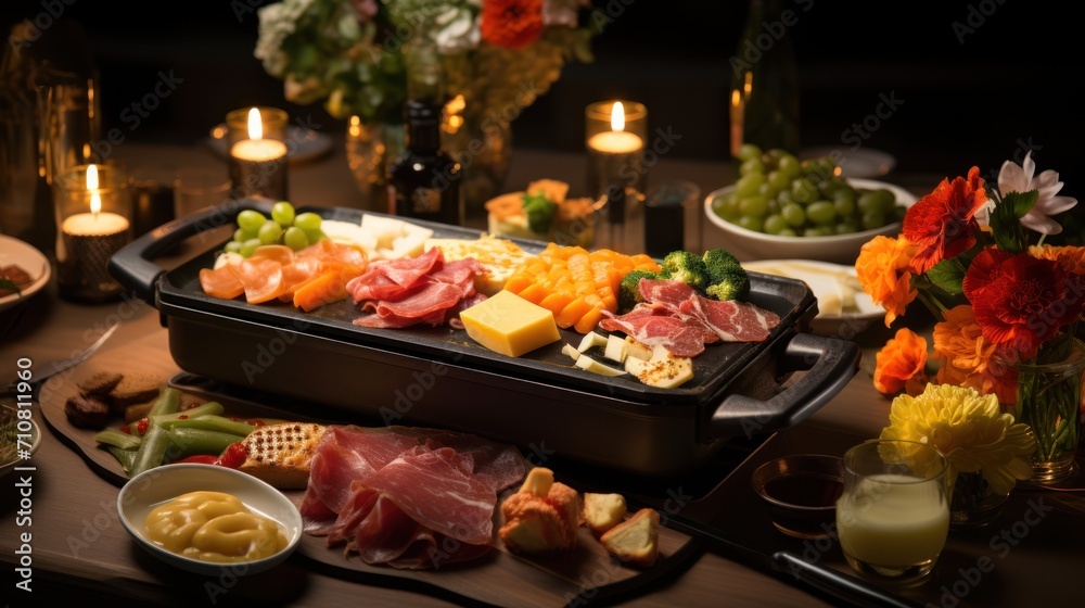  a platter of assorted meats and cheeses on a table with candles and flowers in the background.