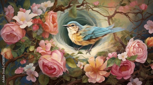  a painting of a bird sitting on top of a tree branch with pink flowers and a blue sky in the background. © Olga