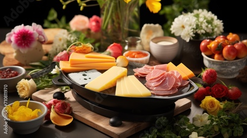  a variety of cheeses, meats, and fruit are arranged on a cutting board in front of a bouquet of flowers.