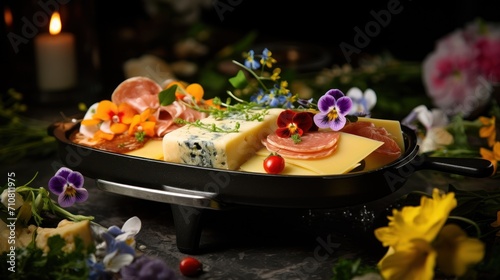  a platter of cheese  meats  and flowers with a lit candle in the background on a table.