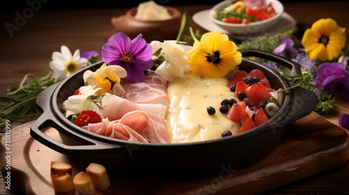  a pan filled with different types of food on top of a wooden cutting board next to pans of flowers.