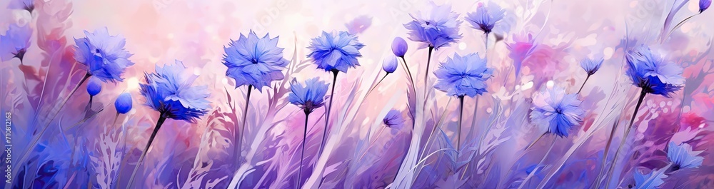 A bouquet of cornflowers lies on a white surface. Banner