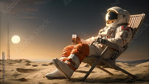 Astronaut Sitting in Chair in Desert, Lone Space Explorer Contemplating the Unknown photo