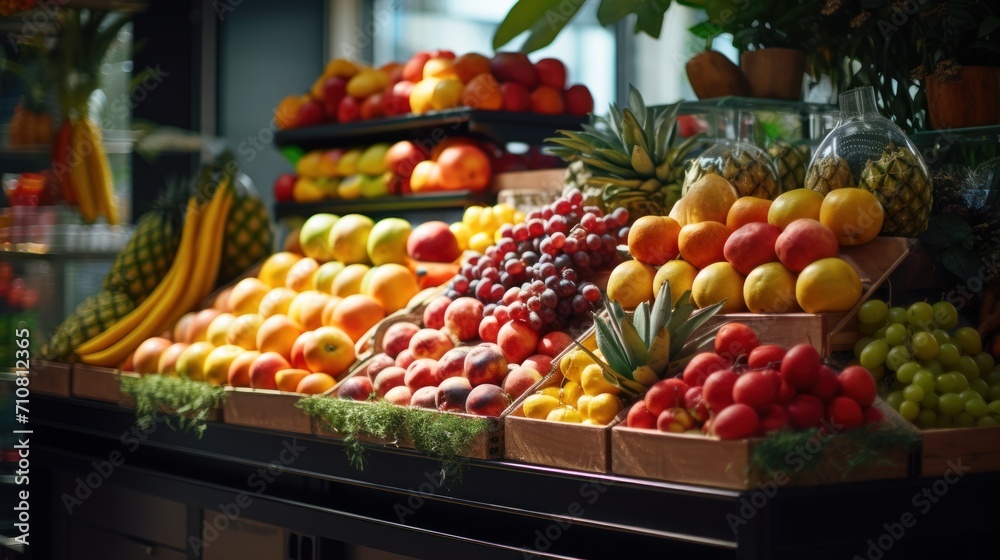 a display in a store filled with lots of different types of fruits and veggies on display for sale. a display in a store filled with lots of different types of fruits and veggies on display for sale.