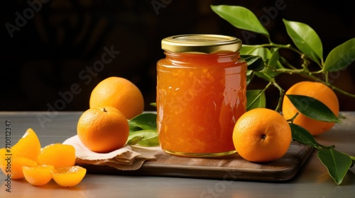  a jar of orange jam sitting on top of a wooden cutting board next to oranges on a cutting board.