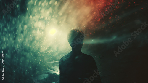 Hintergrundbild auf dem ein Mann im Regen steht und von Licht beleuchtet wird photo
