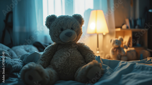 Ein glücklicher Teddybär sitz im Kinderzimmer photo
