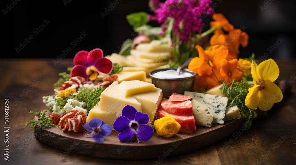  a variety of cheeses and flowers on a wooden platter with a tin of dipping sauce on the side.