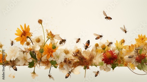  a group of bees flying over a bunch of flowers with a bunch of flowers in the middle of the frame.