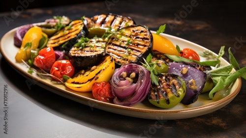 a plate filled with grilled vegetables on top of a wooden table next to a bottle of wine and a glass of wine.