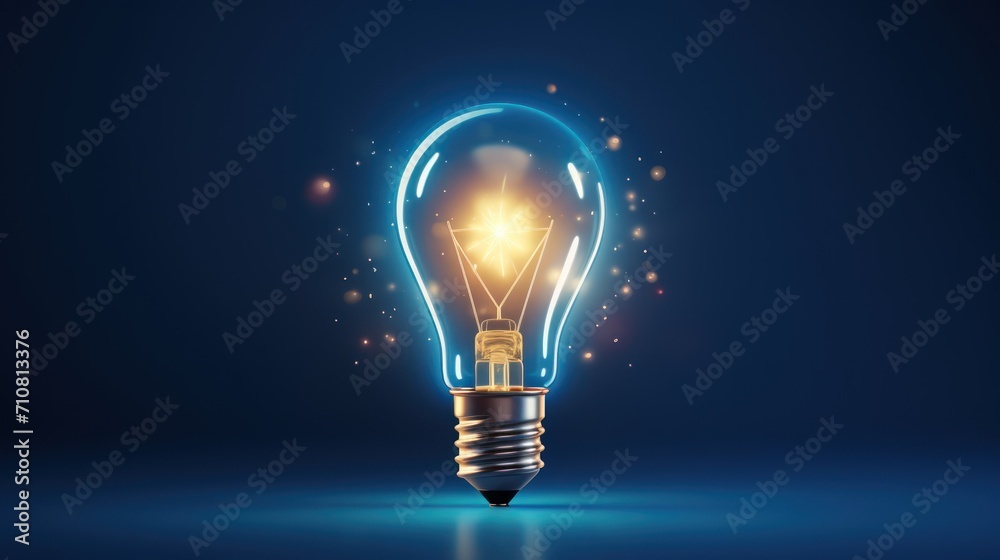 a glowing light bulb on a dark blue background with a star in the middle of the bulb and a flash of light in the middle of the bulb. a glowing light bulb on a dark blue background with a star in the middle of the bulb and a flash of light in the middle of the bulb.