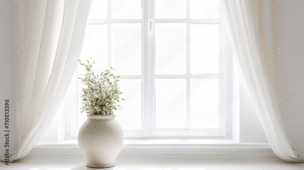 Fototapeta premium a white vase with a plant in it sitting in front of a window with white drapes on the windowsill.