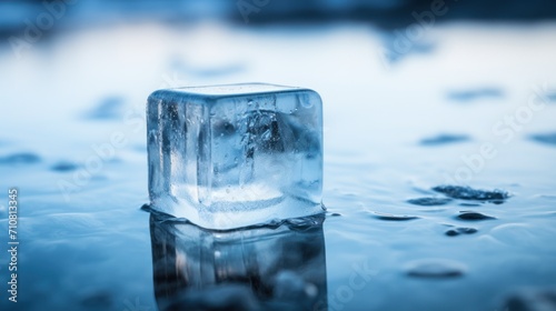  a square ice block sitting on top of a lake covered in drops of water with a blue sky in the background.