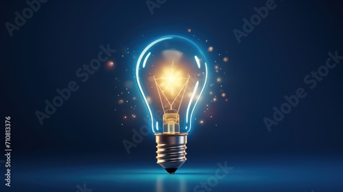  a glowing light bulb on a dark blue background with a star in the middle of the bulb and a flash of light in the middle of the bulb.