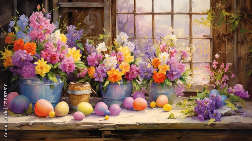 a painting of flowers, eggs, and a basket of eggs on a table with a window in the background.