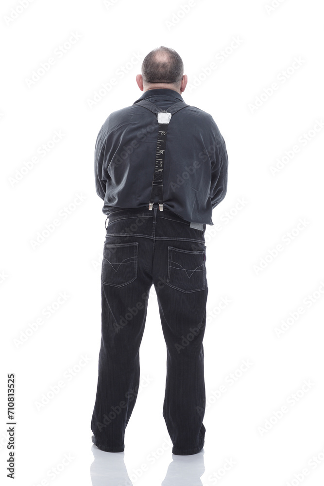 elderly bearded man looking at a white screen. isolated on a white elderly bearded man looking at a white screen. isolated on a white