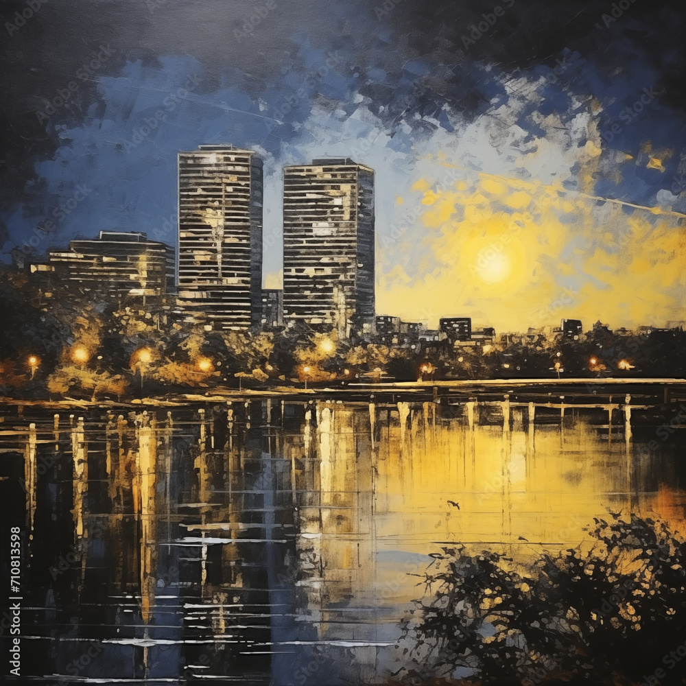 cityscape of urban city at riverside, night view oil paint illustration, 