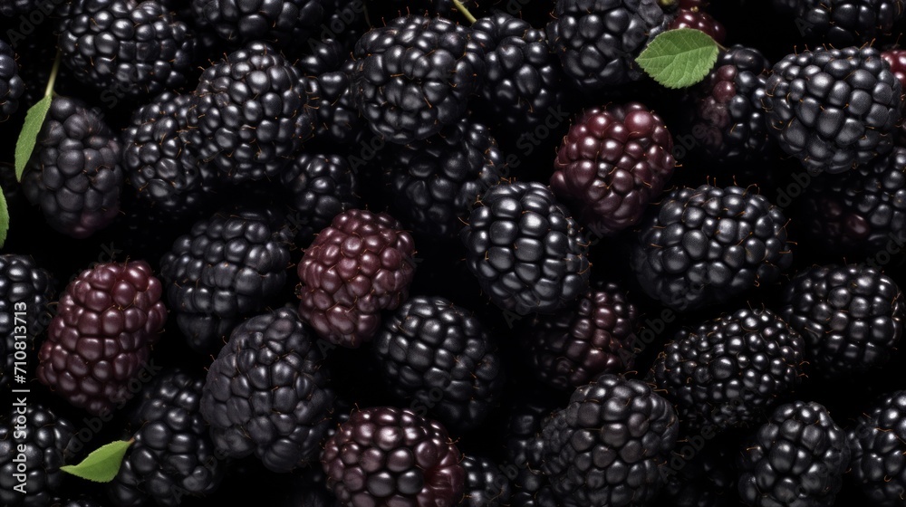 a pile of black raspberries with a green leaf on the top of one of the black raspberries. a pile of black raspberries with a green leaf on the top of one of the black raspberries.