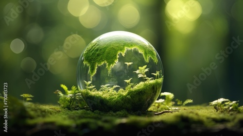 Earth Day, the environment, and a green globe nestled in a forest adorned with moss, defocused abstract sunlight to create a composition or scene in a minimalist modern style.