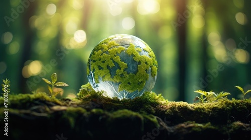 Earth Day, the environment, and a green globe nestled in a forest adorned with moss, defocused abstract sunlight to create a composition or scene in a minimalist modern style.