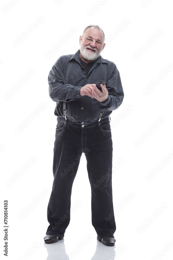 attractive older man with a smartphone. isolated on a white attractive older man with a smartphone. isolated on a white