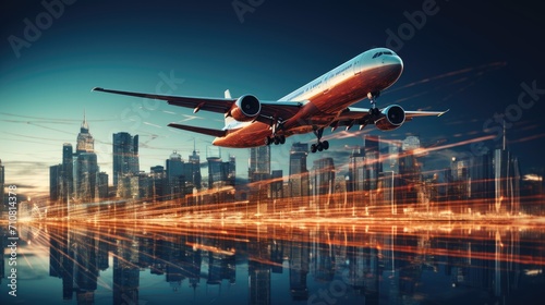 the technology-driven future of commercial air transport, an airplane taking off from an airport runway against a city skyline and world map background, designed with copy space.