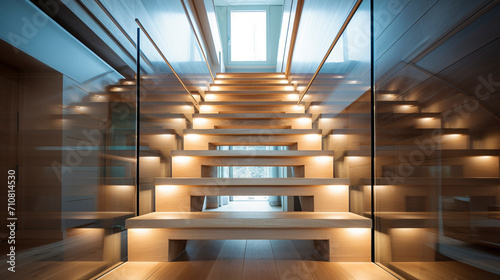 A contemporary light pine wood staircase with clear glass balustrades, softly illuminated by LED strips under the handrails, in a spacious, sunlit residence.