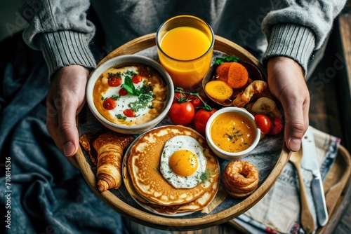 Man hands hold plate with breakfast with pancakes and eggs
