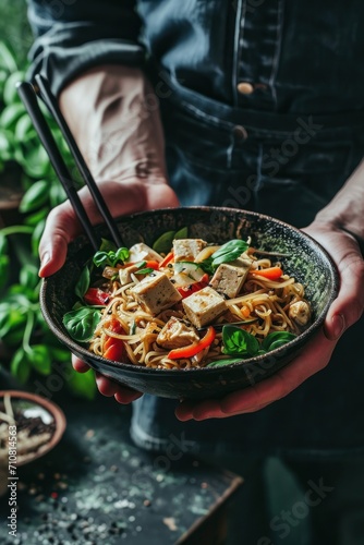 Asian noodle with tofu, chicken and fresh vegetable