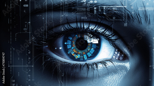 close up of woman face with eye and digital technology concept photo