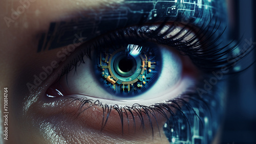 close up of woman face with eye and digital technology concept