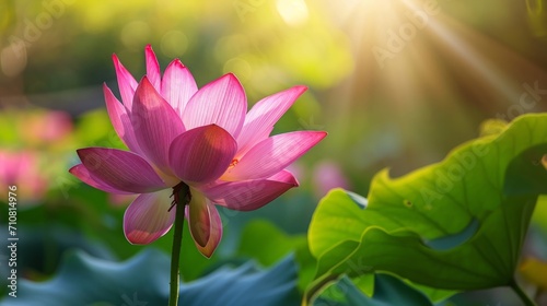 Blooming Pink Lotus Flower in Garden, A Delicate Beauty