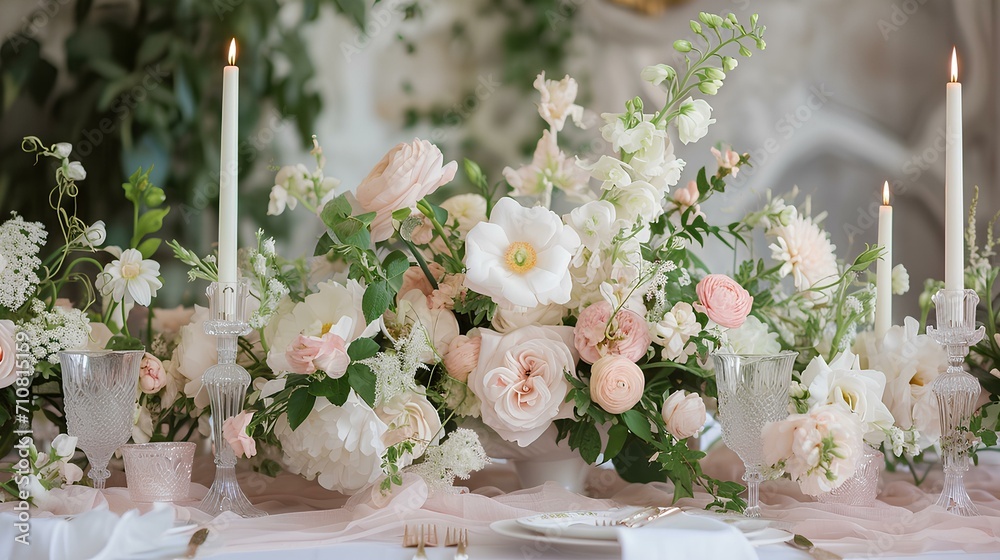 table setting in a luxurious dinner banquet hall. romantic setting with a light pink banner surrounded by a floral spread, certain to add a touch of elegance. generative AI