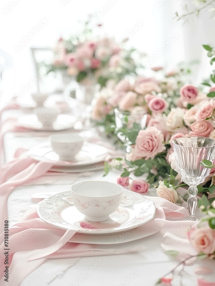 table setting in a luxurious dinner banquet hall. romantic setting with a light pink banner surrounded by a floral spread, certain to add a touch of elegance. generative AI table setting in a luxurious dinner banquet hall. romantic setting with a light pink banner surrounded by a floral spread, certain to add a touch of elegance. generative AI