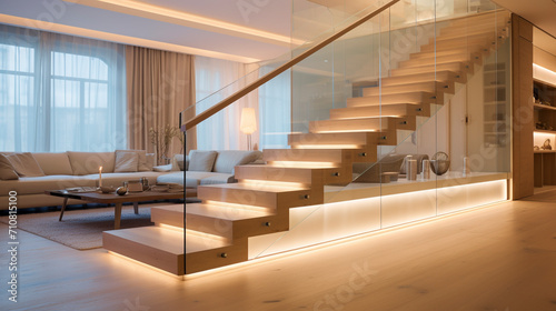 A contemporary light wood staircase with glass sides  softly illuminated by LED strips under the handrails  in a spacious  airy living area.