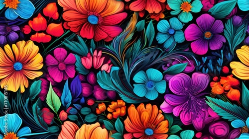  a bunch of colorful flowers that are on a black background with blue and orange flowers in the middle of the picture.