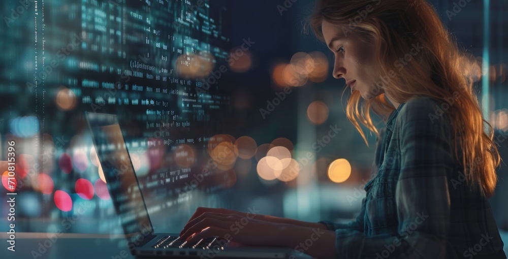 Professional Woman Engrossed in Laptop Work.
Professional woman working on laptop with city reflection. Professional Woman Engrossed in Laptop Work.
Professional woman working on laptop with city reflection.