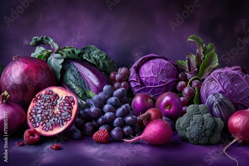 Assortment of different purple fruit and vegetable photo