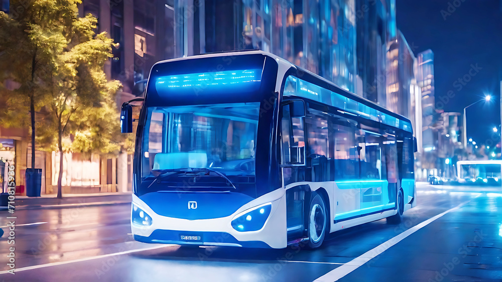 Autonomous AI-driven bus on city street with blue lights.