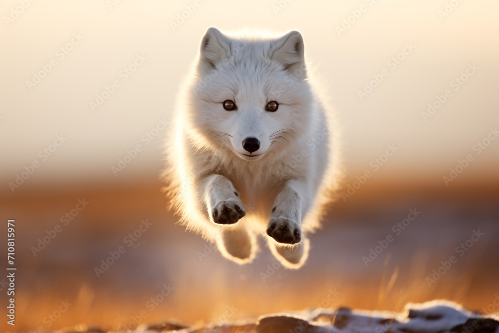 Arctic fox (Vulpes lagopus) jumping in the air Arctic fox (Vulpes lagopus) jumping in the air