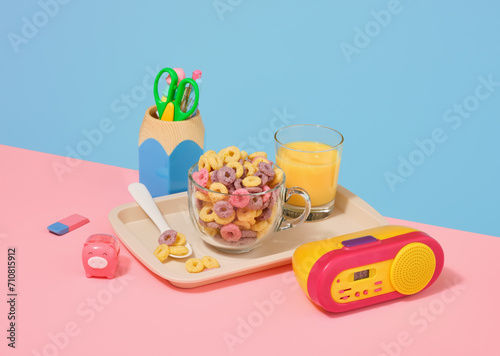 School breakfast and learning. Stylish retro clocks, fresh juice and stationery.