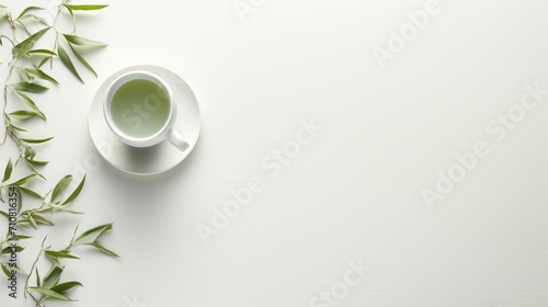  a cup of green tea sitting on top of a white table next to a green leafy plant on a white surface.