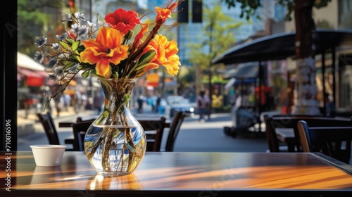  a vase filled with flowers sitting on top of a wooden table next to a glass vase filled with orange and yellow flowers. © Olga