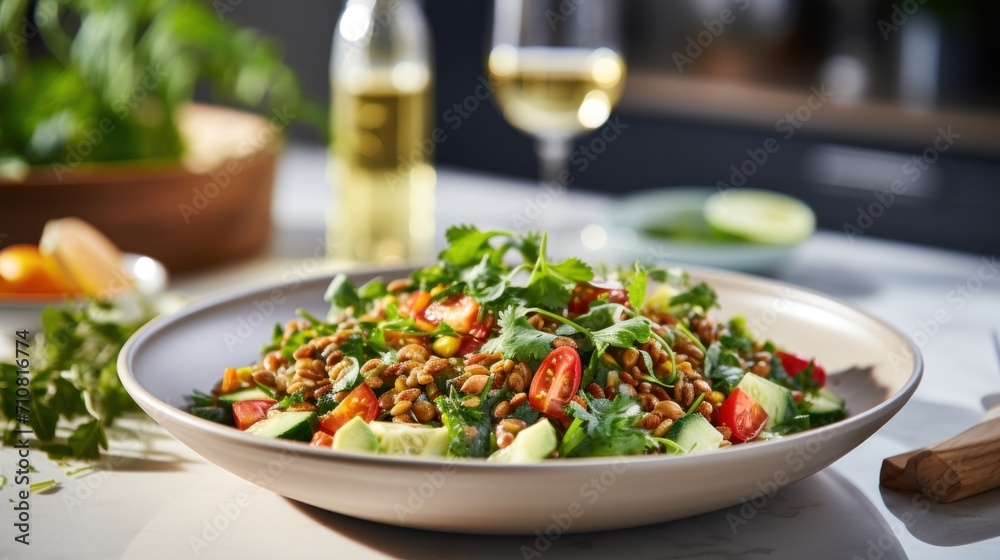  a close up of a plate of food with a glass of wine and a bottle of wine in the background.