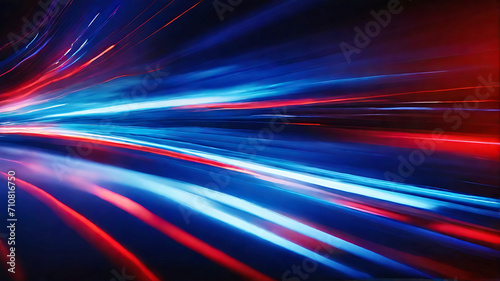 Speed light line motion blur on dark background, data transfer simulation, blue to red lights. Ai Generated.