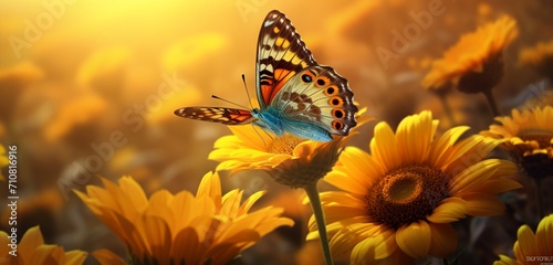 Marigold butterfly with intricate patterns, fluttering around a field of sunflowers, creating a mesmerizing display of vibrant colors under the warm afternoon sun.