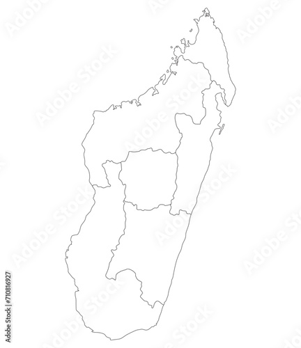 Madagascar map. Map of Madagascar in six mains regions in white color
