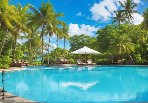 Stunning landscape, swimming pool blue sky with clouds. Tropical resort hotel in Maldives. Fantastic relax and peaceful vibes, chairs, loungers under umbrella and palm leaves. Luxury travel vacation  © Serajul