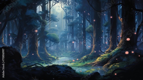  a painting of a forest with fireflies flying over a stream of water and a forest filled with lots of trees. © Olga