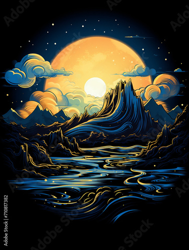 t-shirt design, a blue t shirt with a large sky and mountains, in the style of hyper-detailed illustrations created with Generative Ai
